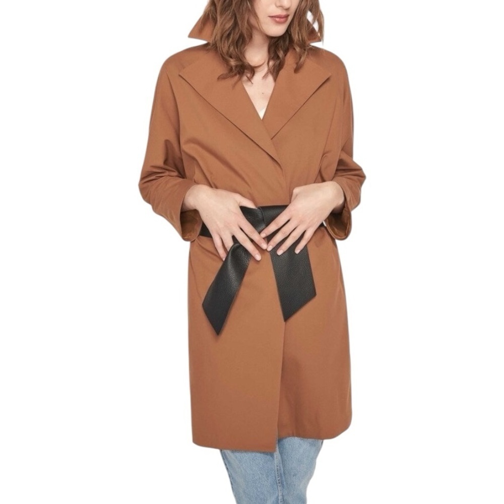 BA&SH Drape Coat Trench Black‎ Leather Belt Camel Size 4 S 0 Luxury Wrap Casual